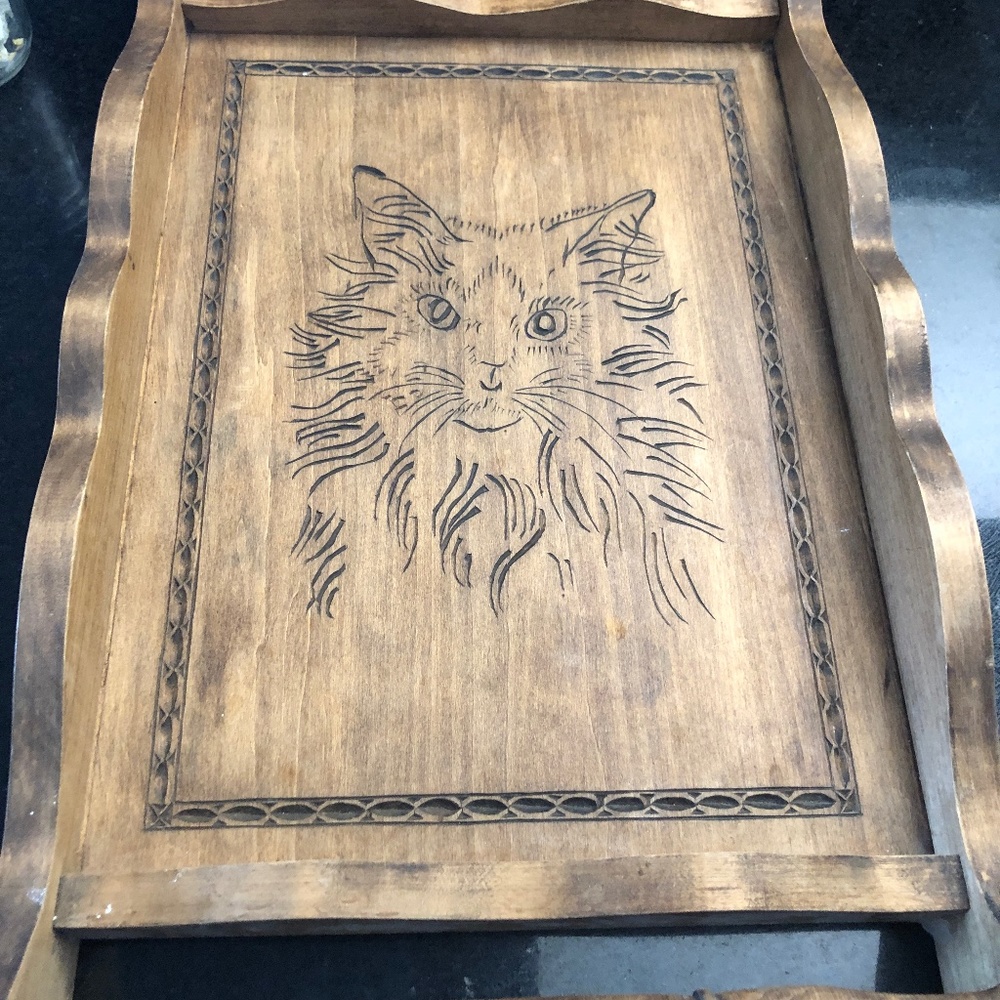 Hand carved wood cat tray
